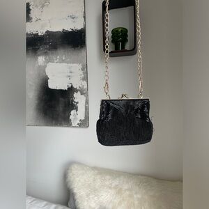 Vintage Black Hand Beaded Embroidered Evening Bag Crossbody Beaded Gold Hardware